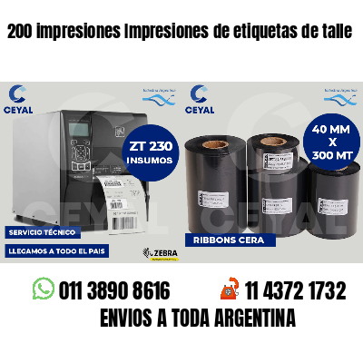 200 impresiones Impresiones de etiquetas de talle