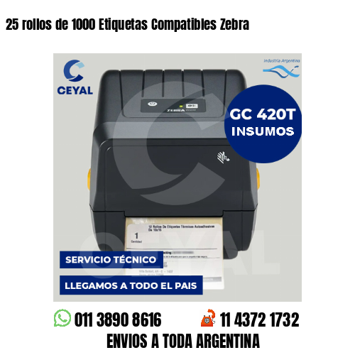 25 rollos de 1000 Etiquetas Compatibles Zebra