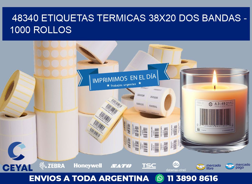 48340 ETIQUETAS TERMICAS 38X20 DOS BANDAS – 1000 ROLLOS
