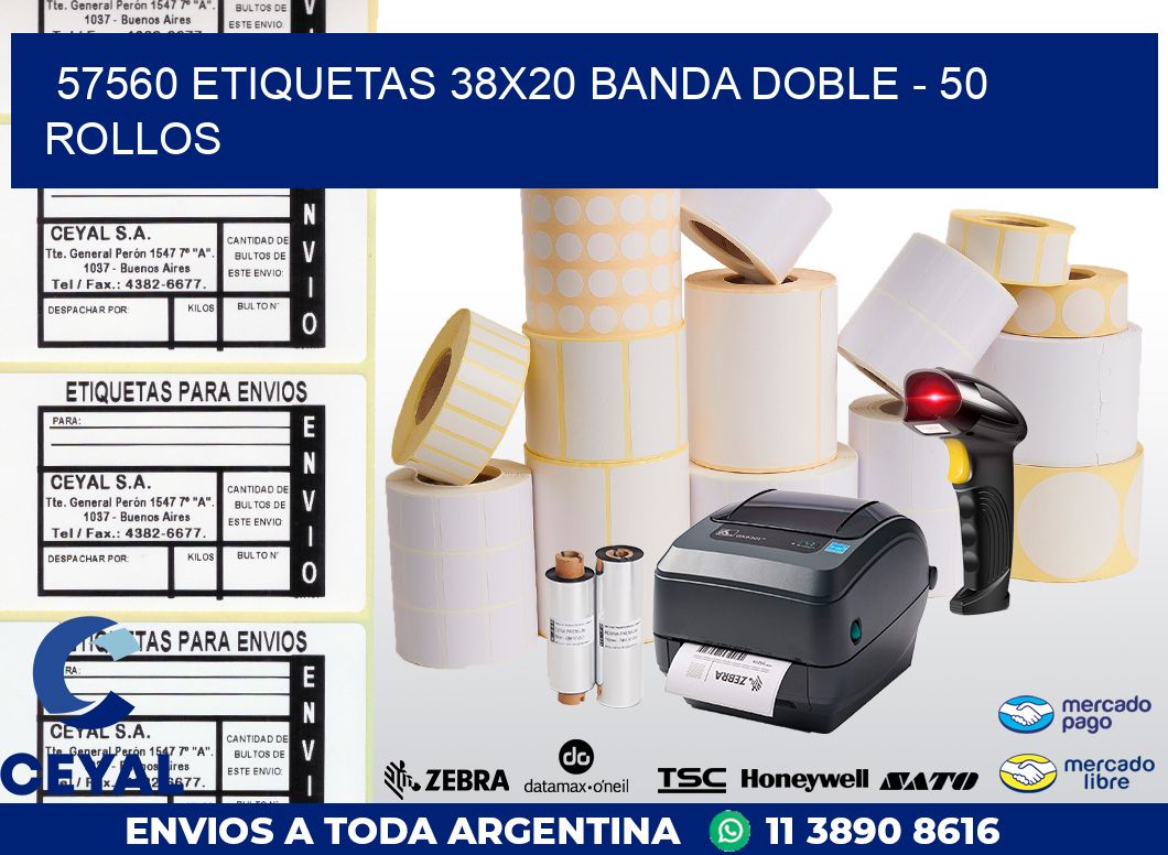57560 ETIQUETAS 38X20 BANDA DOBLE - 50 ROLLOS