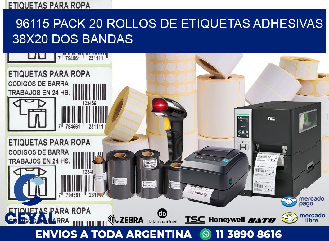 96115 PACK 20 ROLLOS DE ETIQUETAS ADHESIVAS 38X20 DOS BANDAS