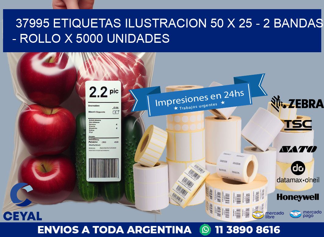 37995 ETIQUETAS ILUSTRACION 50 X 25 - 2 BANDAS - ROLLO X 5000 UNIDADES