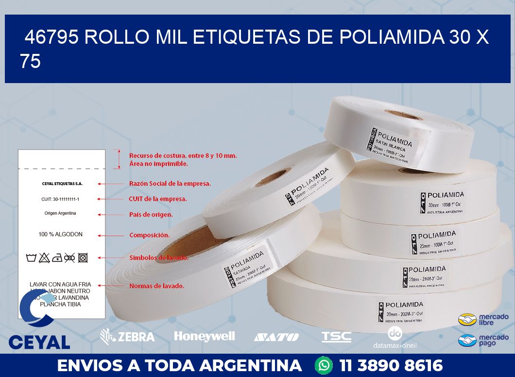 46795 ROLLO MIL ETIQUETAS DE POLIAMIDA 30 X 75