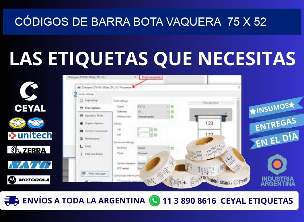 CÓDIGOS DE BARRA BOTA VAQUERA  75 x 52