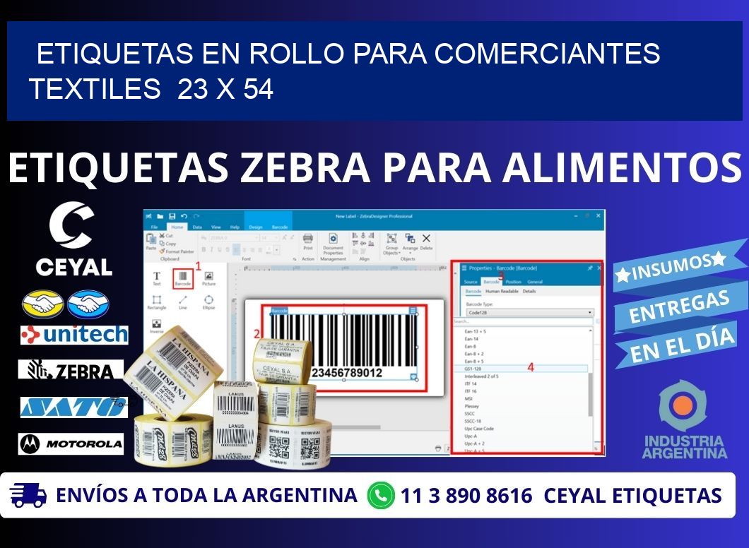 ETIQUETAS EN ROLLO PARA COMERCIANTES TEXTILES 23 x 54