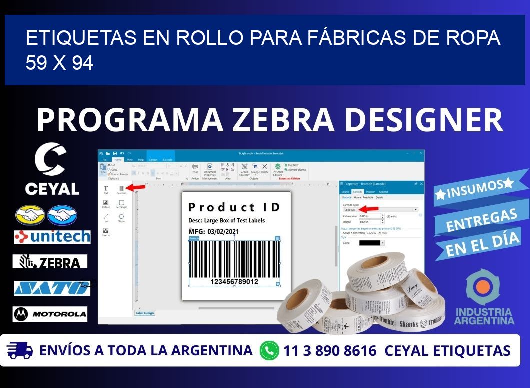 ETIQUETAS EN ROLLO PARA FÁBRICAS DE ROPA 59 x 94