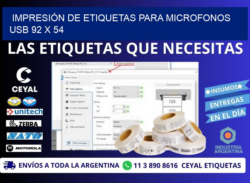 IMPRESIÓN DE ETIQUETAS PARA MICROFONOS USB 92 x 54
