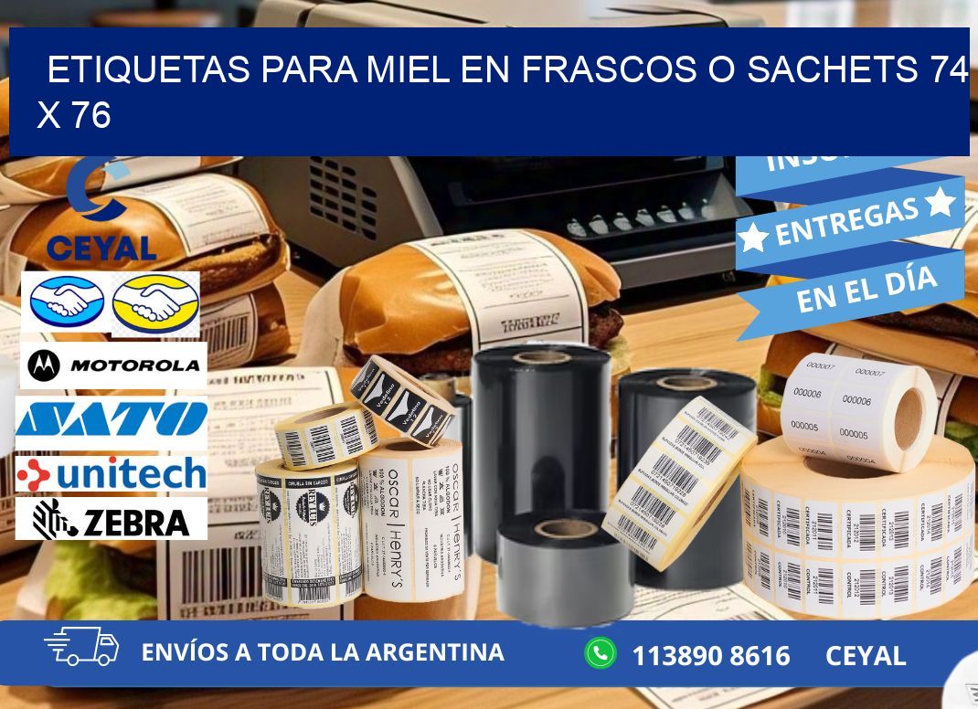 ETIQUETAS PARA MIEL EN FRASCOS O SACHETS 74 x 76