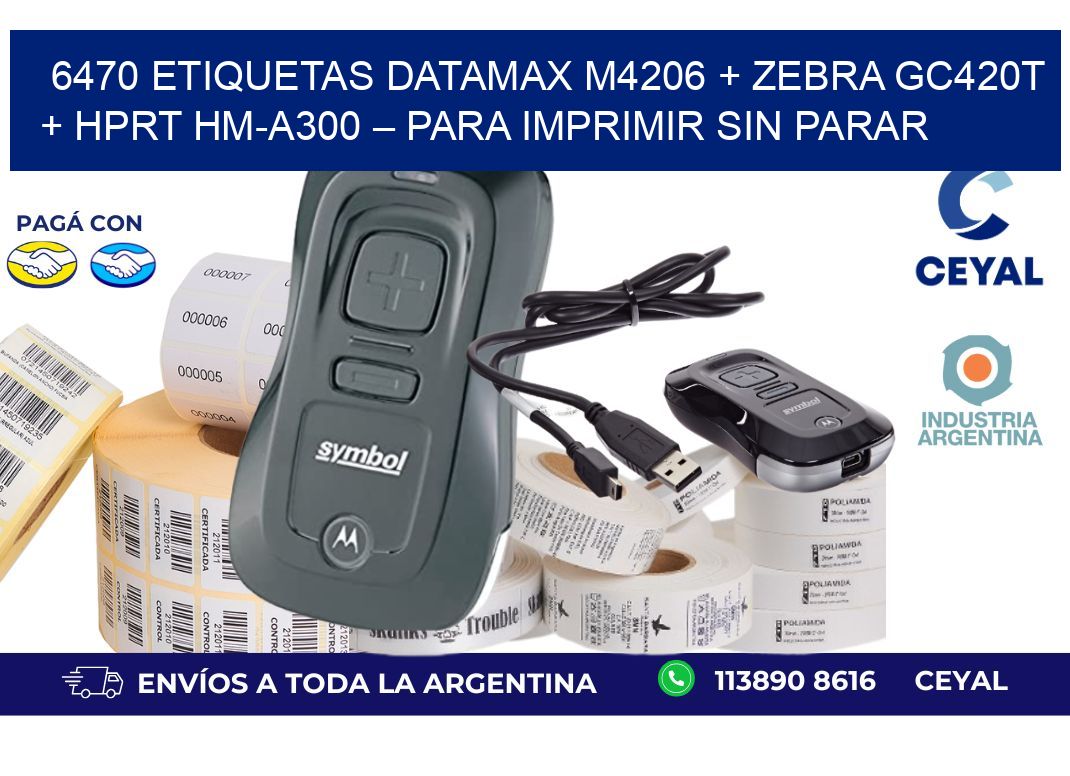 6470 ETIQUETAS Datamax M4206 + Zebra GC420T + HPRT HM-A300 – Para imprimir sin parar