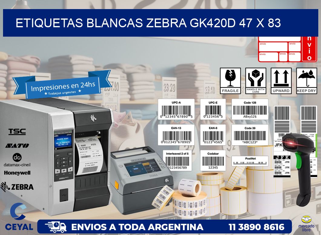 ETIQUETAS BLANCAS ZEBRA GK420D 47 x 83