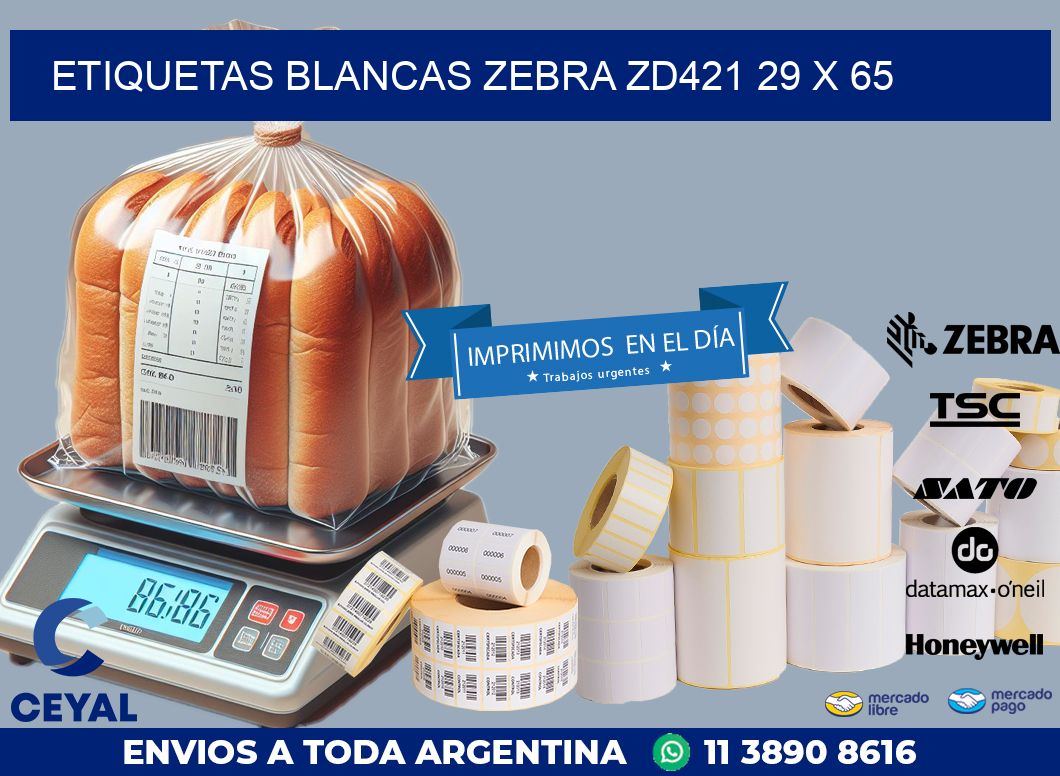 ETIQUETAS BLANCAS ZEBRA ZD421 29 x 65