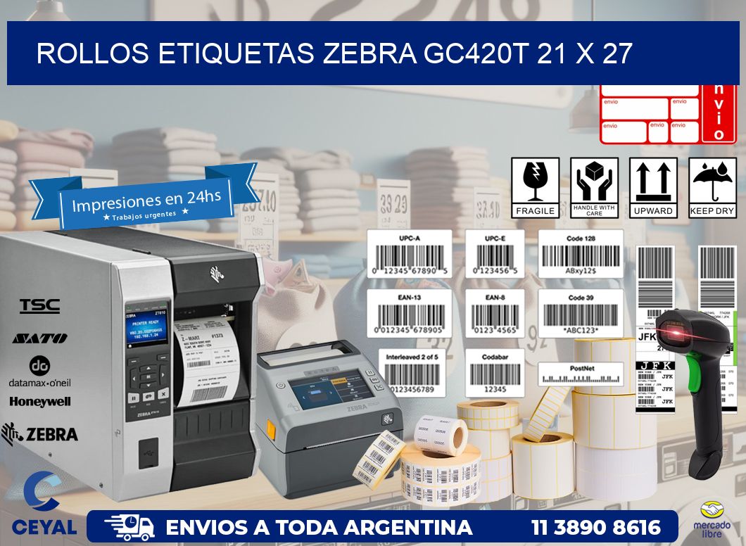 ROLLOS ETIQUETAS Zebra GC420T 21 x 27