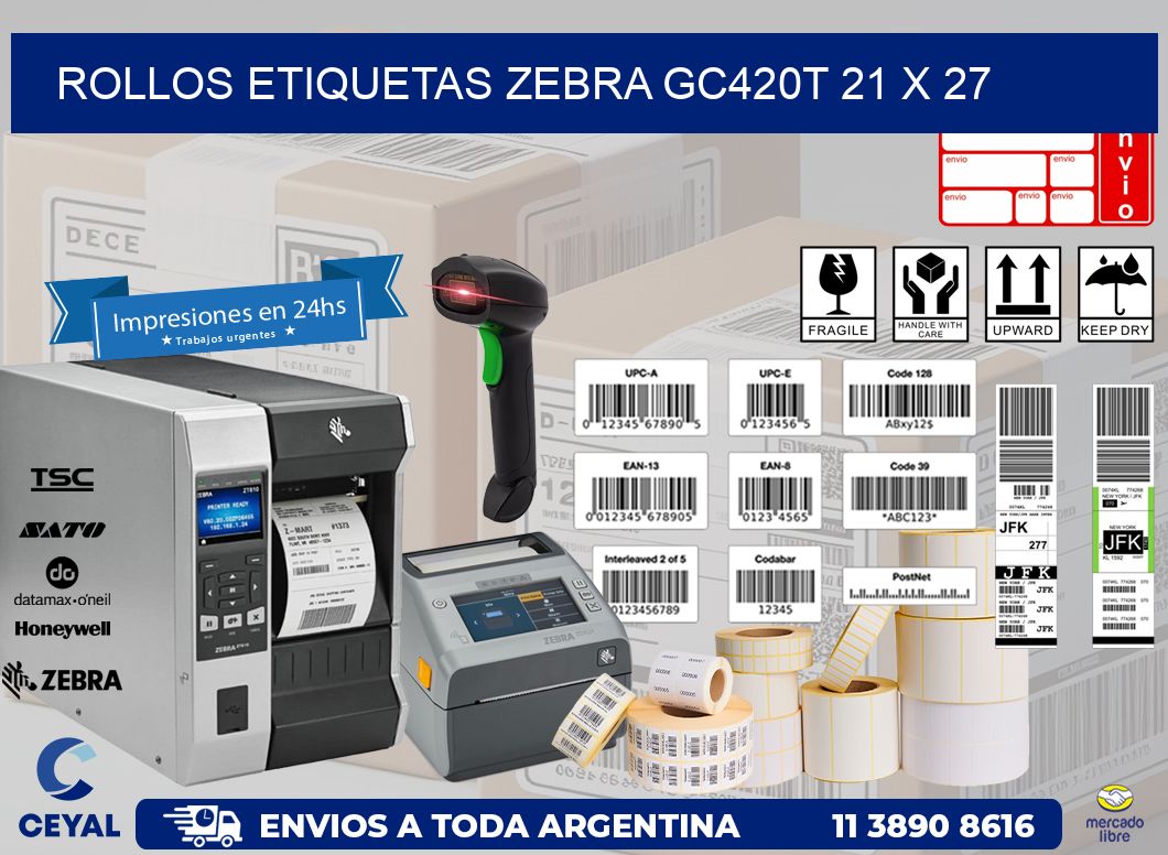 ROLLOS ETIQUETAS Zebra GC420T 21 x 27