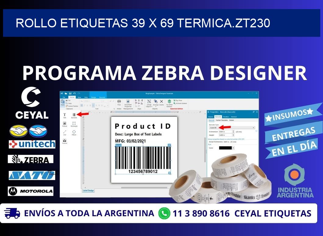 Rollo etiquetas 39 x 69 termica.zt230