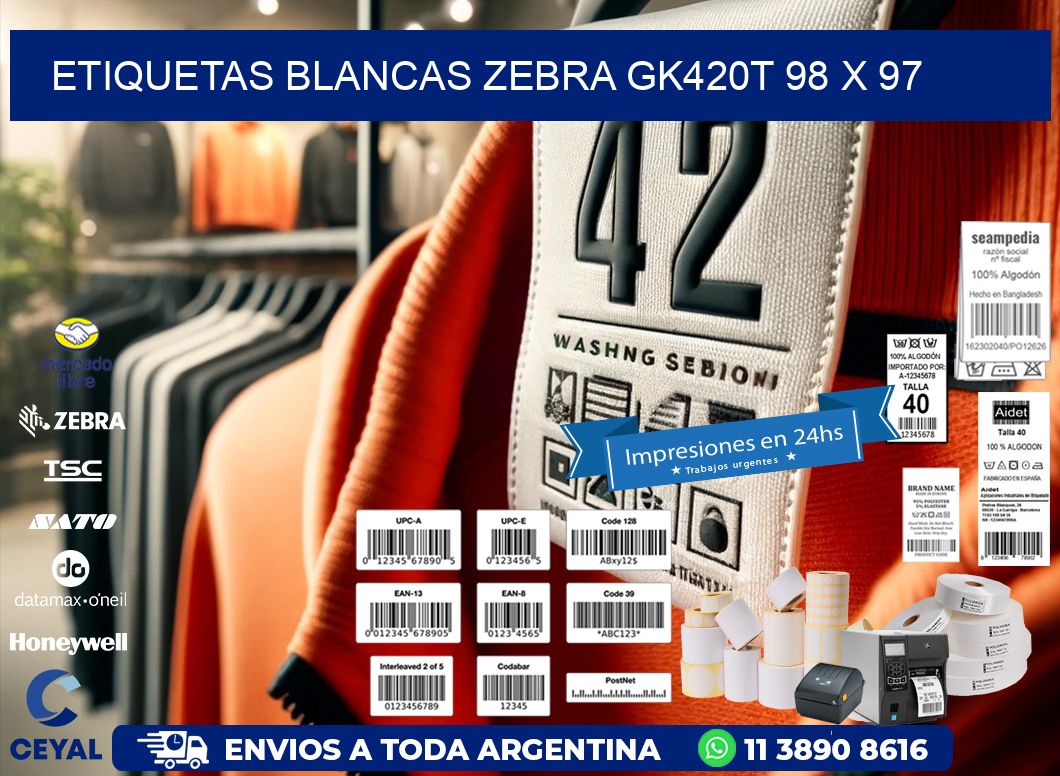 ETIQUETAS BLANCAS ZEBRA GK420T 98 x 97