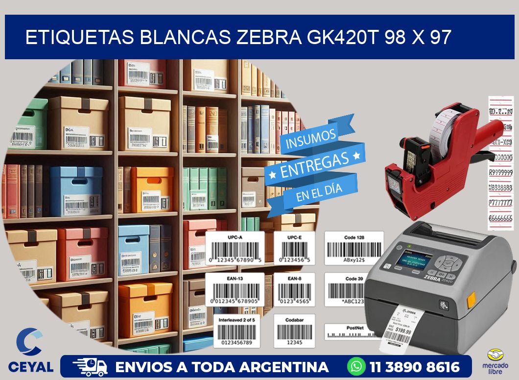 ETIQUETAS BLANCAS ZEBRA GK420T 98 x 97