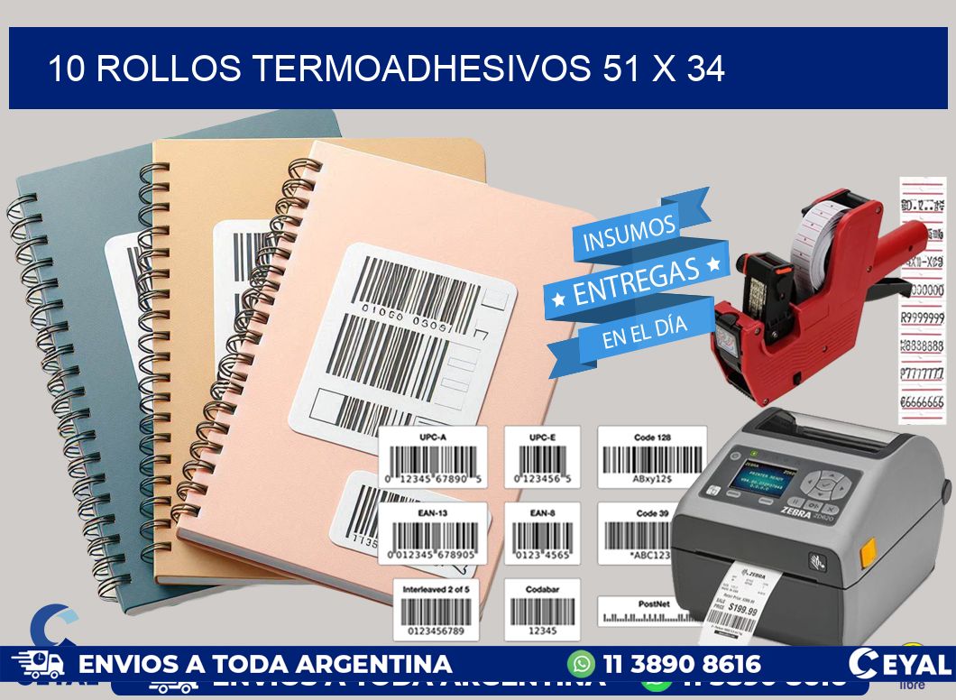 10 ROLLOS TERMOADHESIVOS 51 x 34