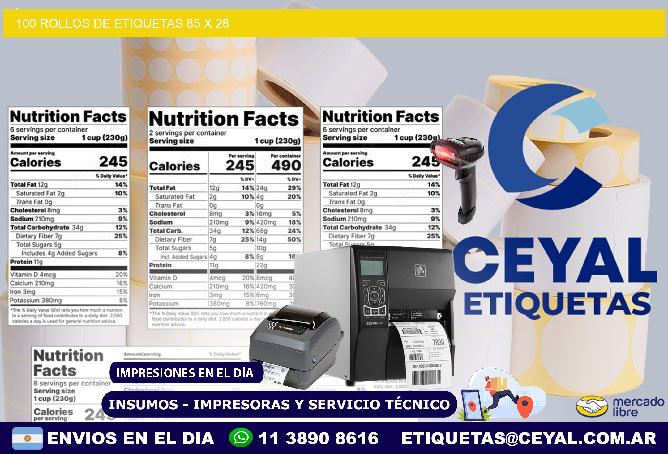 100 ROLLOS DE ETIQUETAS 85 x 28