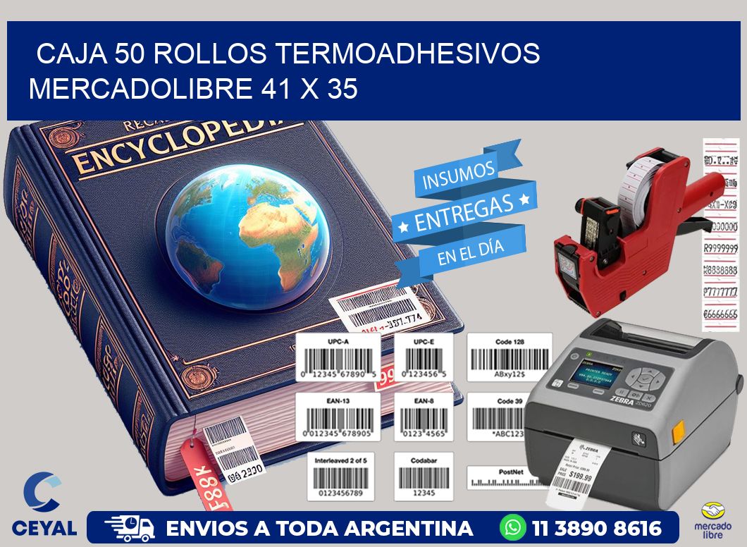 CAJA 50 ROLLOS TERMOADHESIVOS MERCADOLIBRE 41 x 35