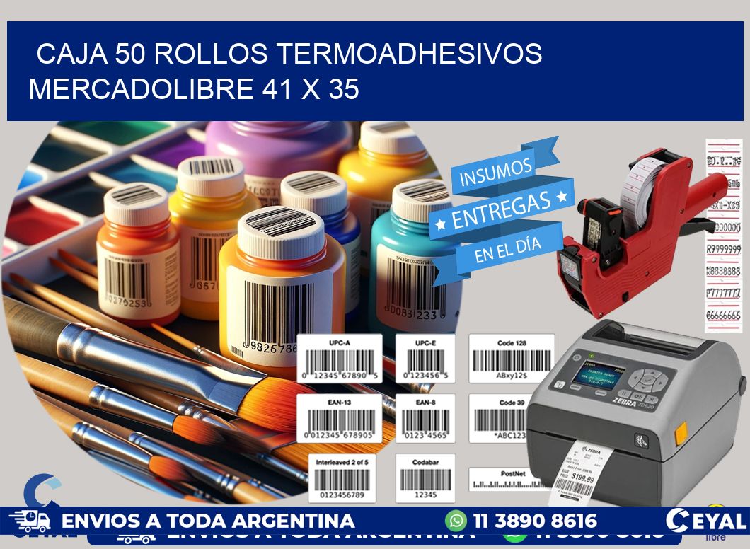 CAJA 50 ROLLOS TERMOADHESIVOS MERCADOLIBRE 41 x 35