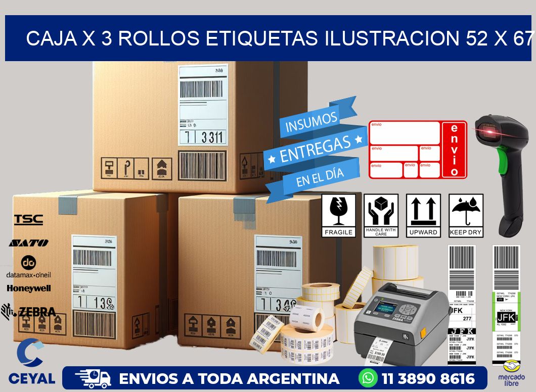 Caja X 3 Rollos Etiquetas Ilustracion 52 x 67