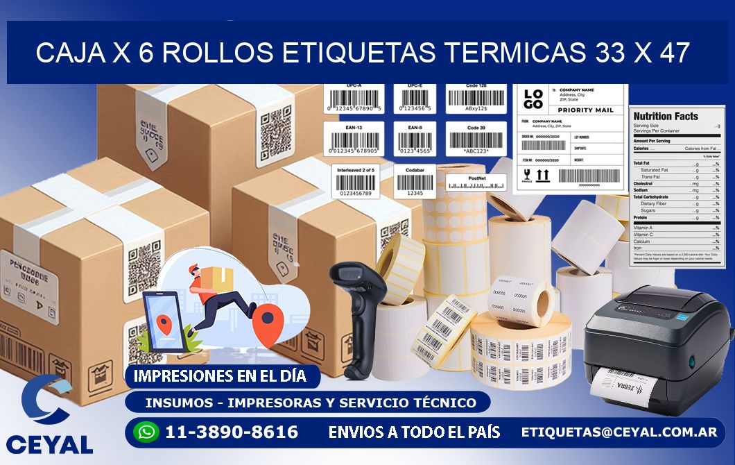 Caja X 6 Rollos Etiquetas termicas 33 x 47