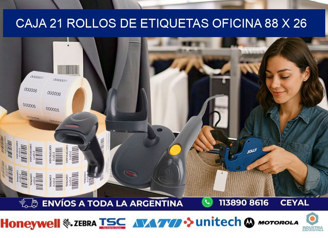 CAJA 21 ROLLOS DE ETIQUETAS OFICINA 88 x 26