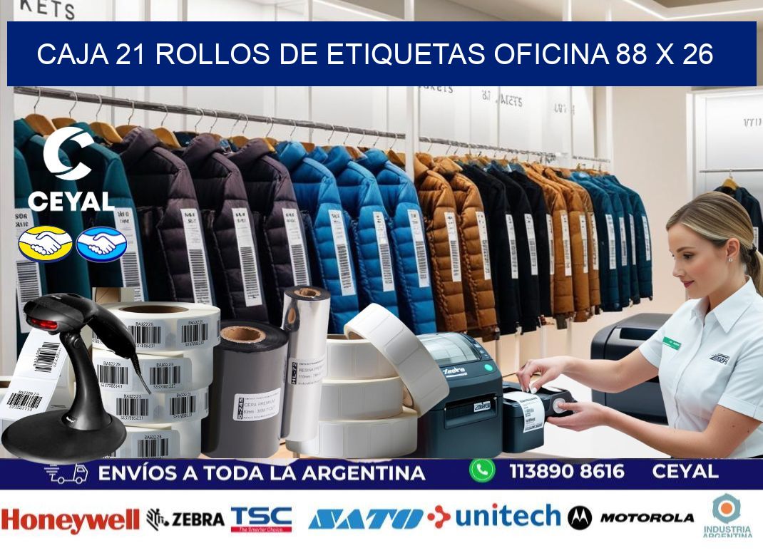 CAJA 21 ROLLOS DE ETIQUETAS OFICINA 88 x 26