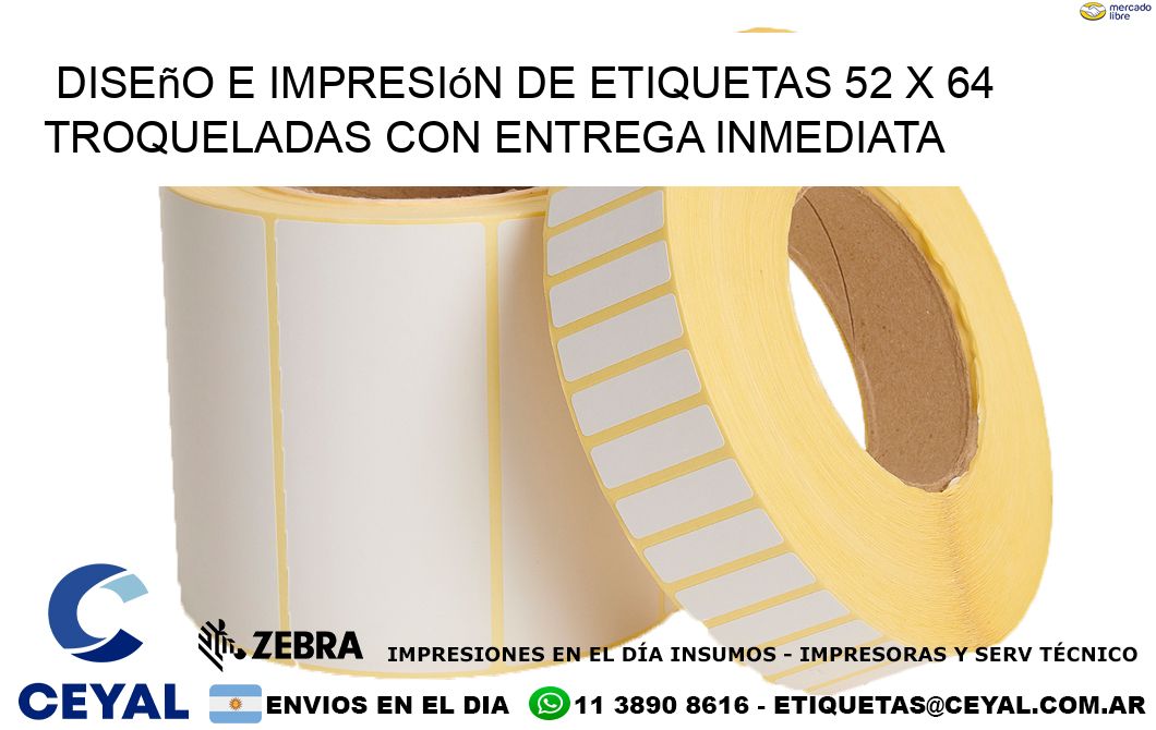 Diseño e impresión de etiquetas 52 x 64 troqueladas con entrega inmediata