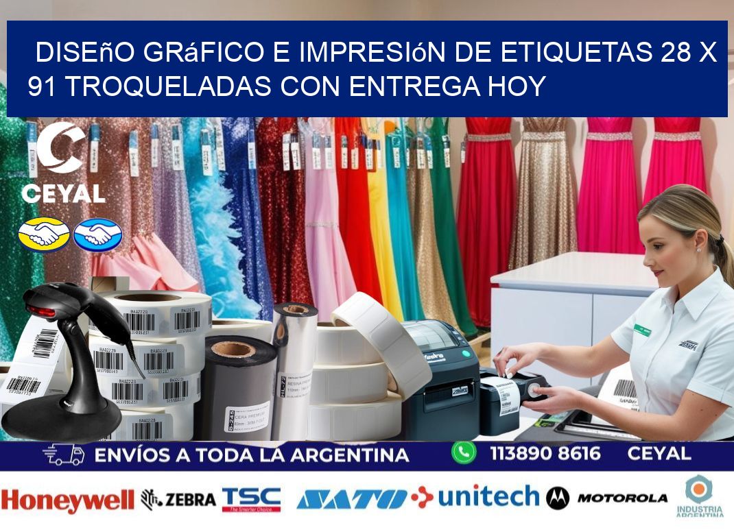 Diseño gráfico e impresión de etiquetas 28 x 91 troqueladas con entrega hoy