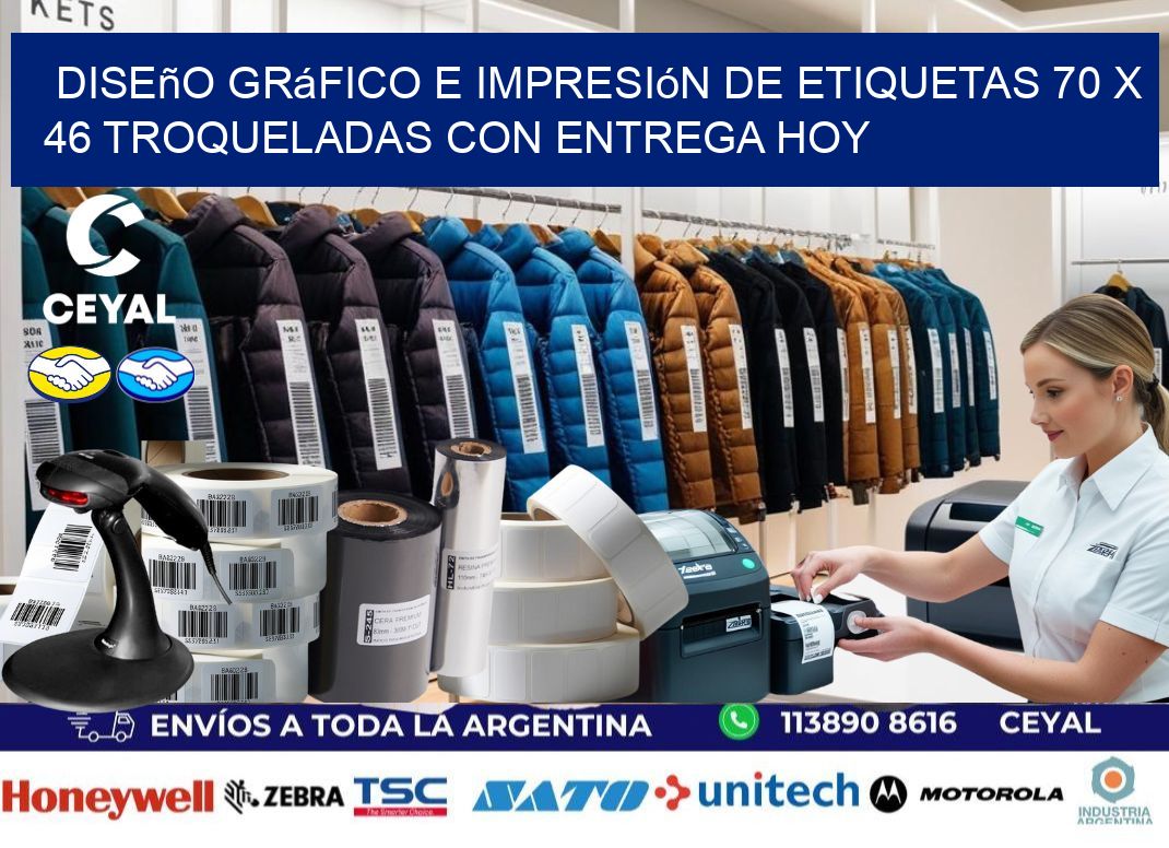 Diseño gráfico e impresión de etiquetas 70 x 46 troqueladas con entrega hoy
