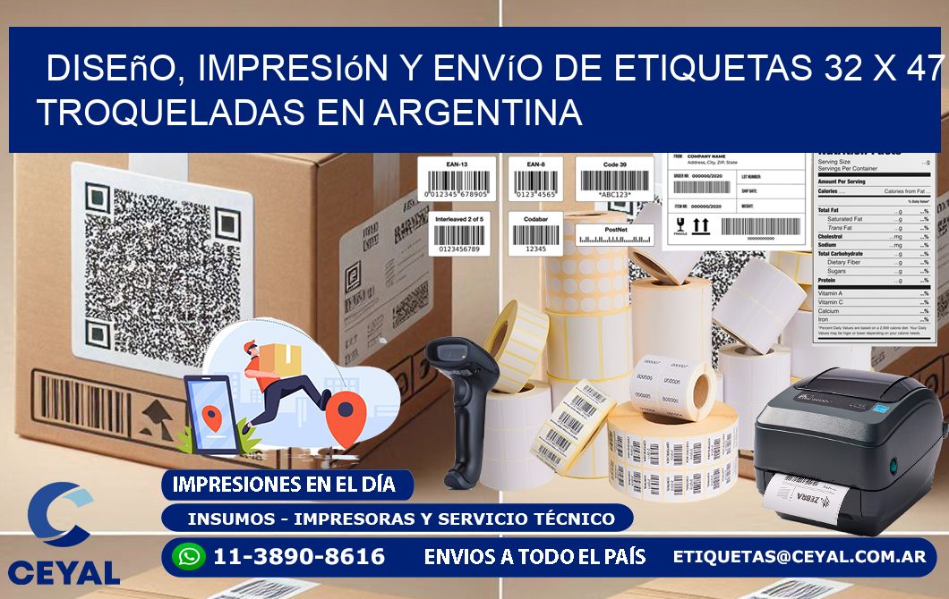 Diseño, impresión y envío de etiquetas 32 x 47 troqueladas en Argentina