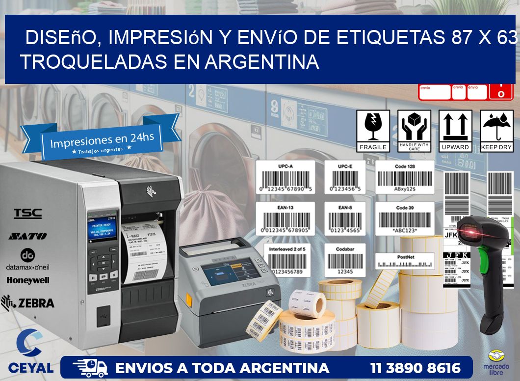Diseño, impresión y envío de etiquetas 87 x 63 troqueladas en Argentina