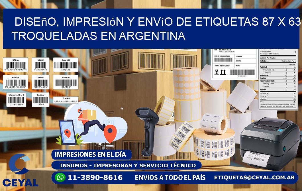 Diseño, impresión y envío de etiquetas 87 x 63 troqueladas en Argentina