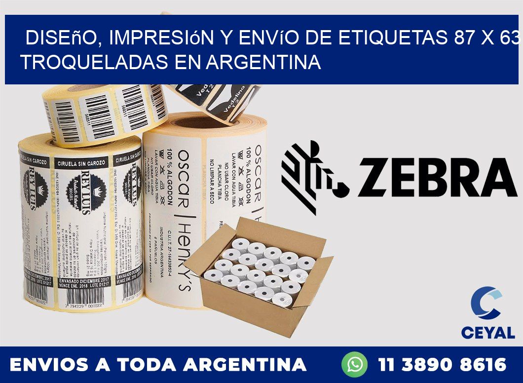 Diseño, impresión y envío de etiquetas 87 x 63 troqueladas en Argentina