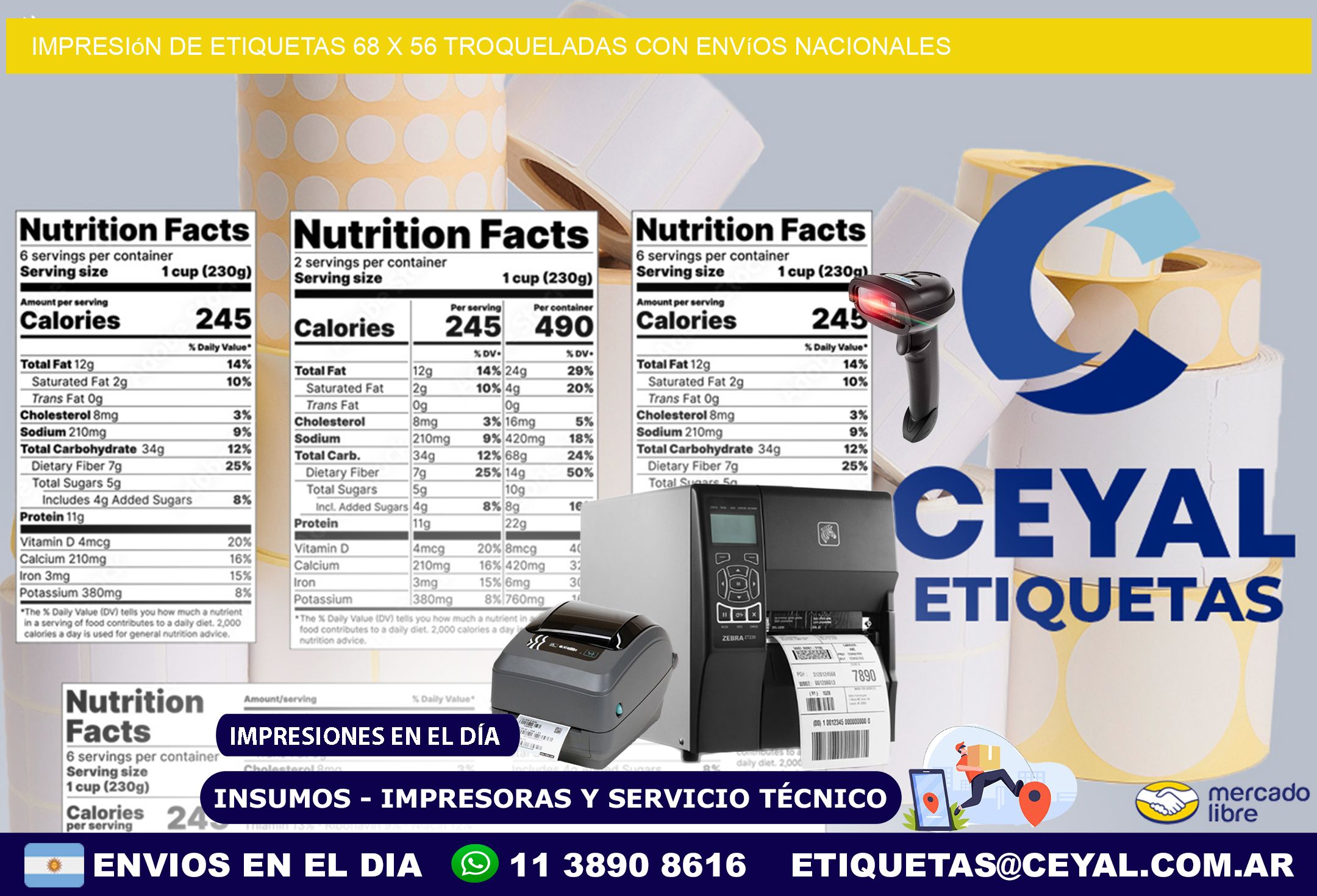 Impresión de etiquetas 68 x 56 troqueladas con envíos nacionales