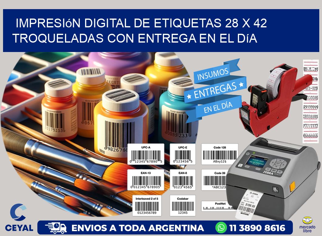 Impresión digital de etiquetas 28 x 42 troqueladas con entrega en el día