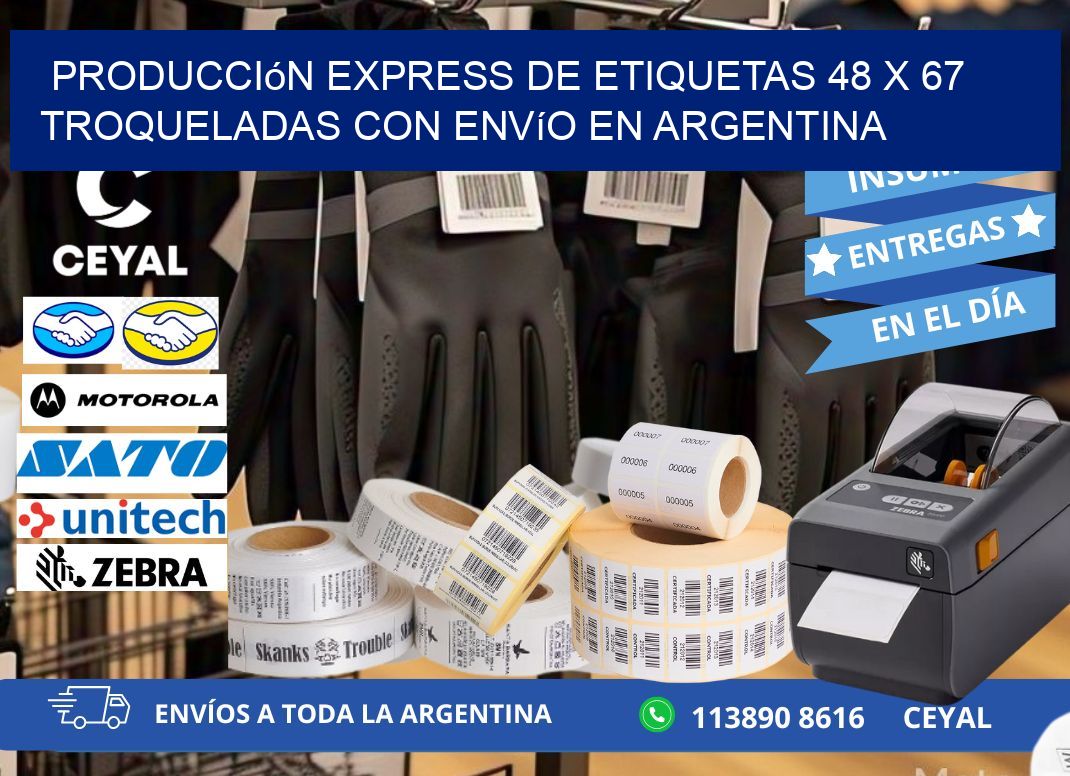 Producción express de etiquetas 48 x 67 troqueladas con envío en Argentina