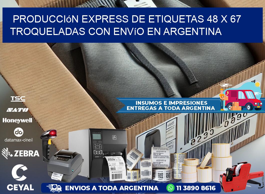 Producción express de etiquetas 48 x 67 troqueladas con envío en Argentina