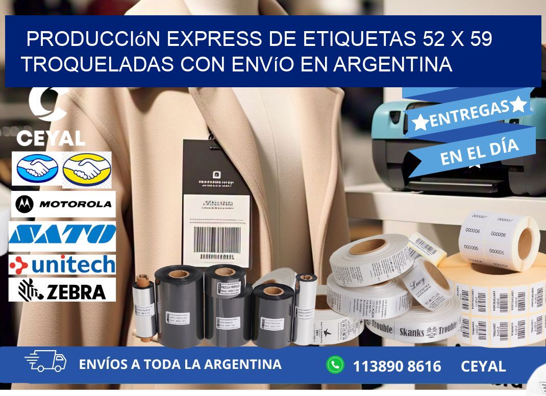 Producción express de etiquetas 52 x 59 troqueladas con envío en Argentina