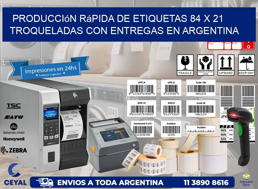 Producción rápida de etiquetas 84 x 21 troqueladas con entregas en Argentina