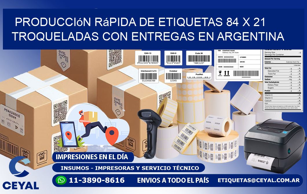 Producción rápida de etiquetas 84 x 21 troqueladas con entregas en Argentina