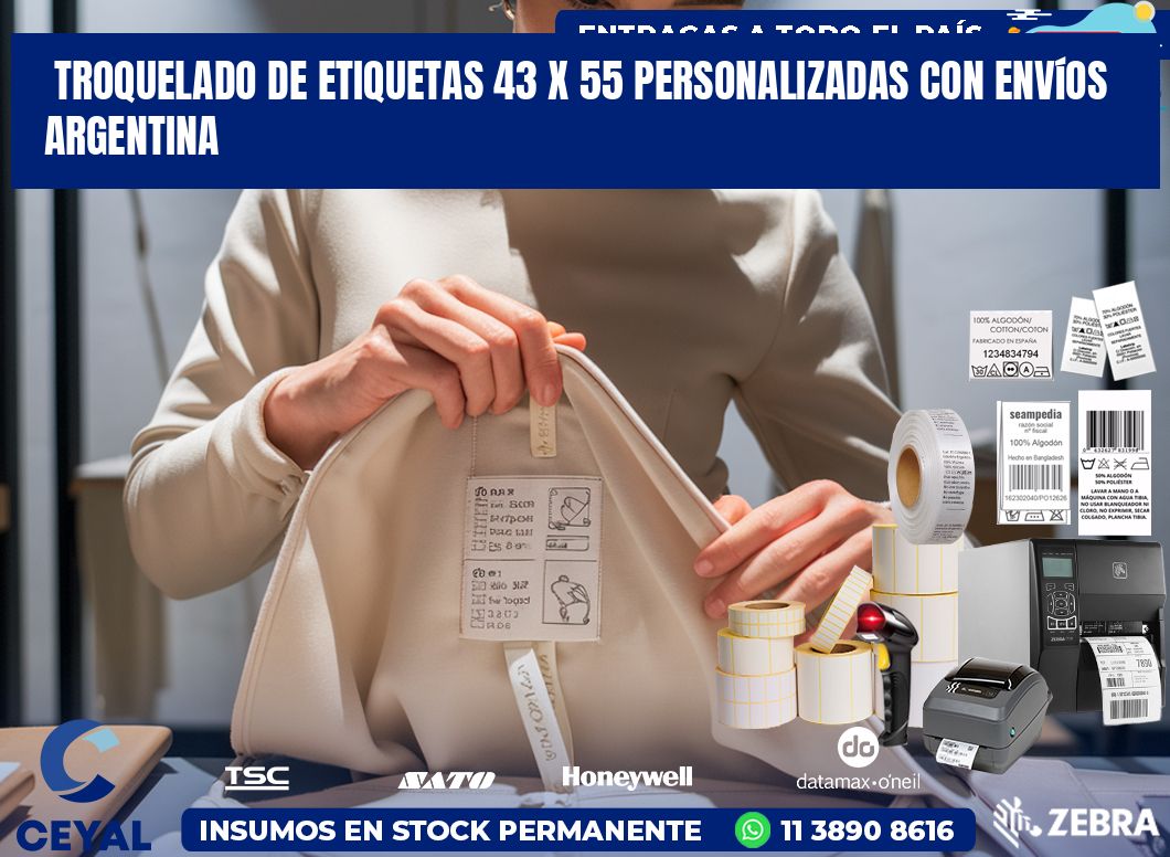 Troquelado de etiquetas 43 x 55 personalizadas con envíos Argentina