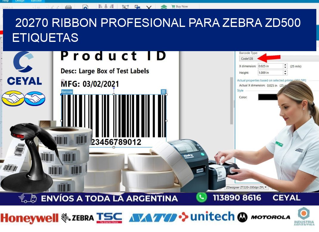 20270 ribbon profesional para zebra zd500 etiquetas