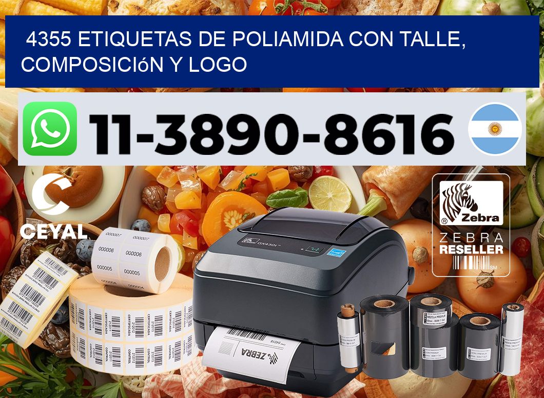 4355 Etiquetas de poliamida con talle, composición y logo