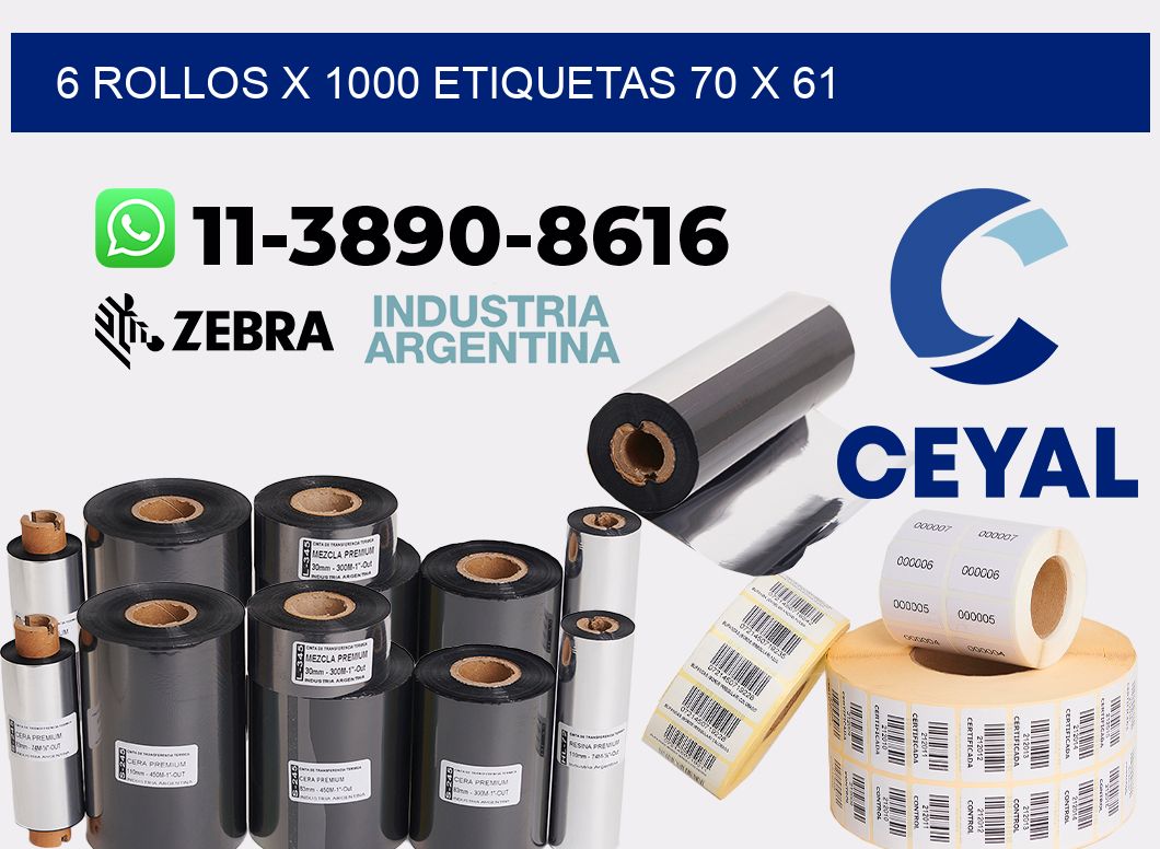 6 rollos x 1000 etiquetas 70 x 61