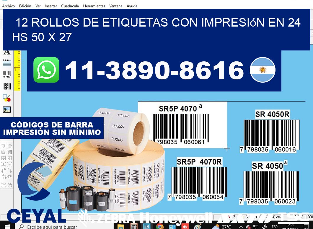 12 rollos de etiquetas con impresión en 24 hs 50 x 27