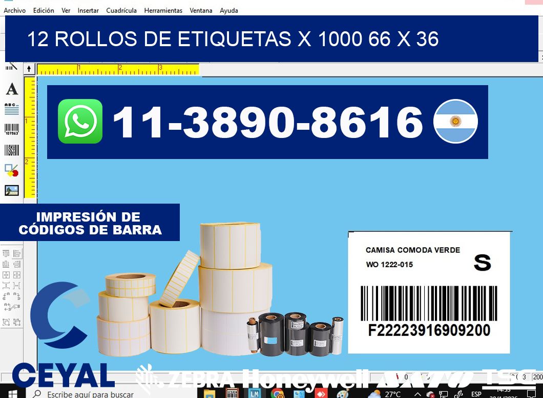 12 rollos de etiquetas x 1000 66 x 36