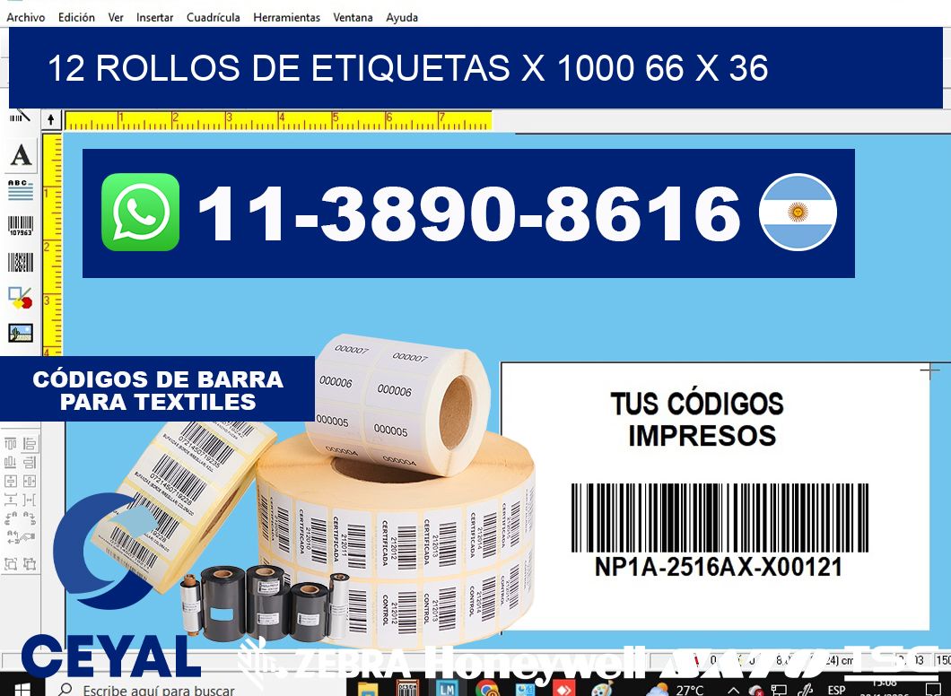 12 rollos de etiquetas x 1000 66 x 36