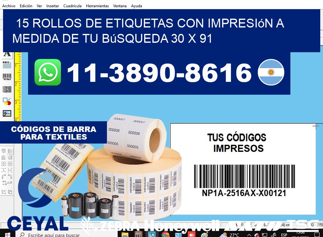 15 rollos de etiquetas con impresión a medida de tu búsqueda 30 x 91